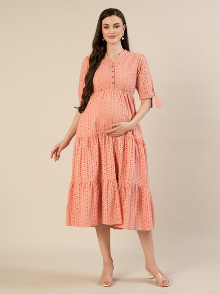 Maternity & Nursing Peach Eyelet Cotton Midi Dress