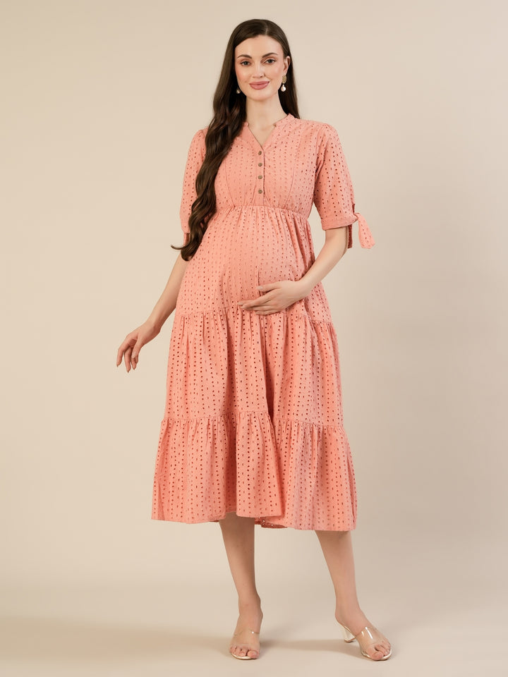 Maternity & Nursing Peach Eyelet Cotton Midi Dress