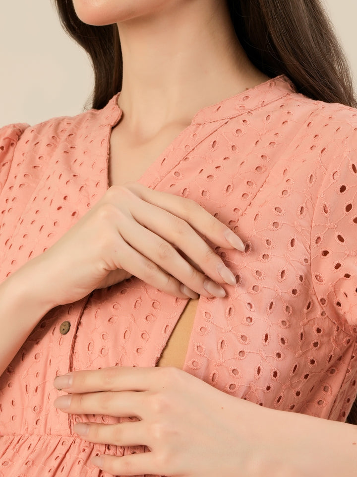 Maternity & Nursing Peach Eyelet Cotton Midi Dress