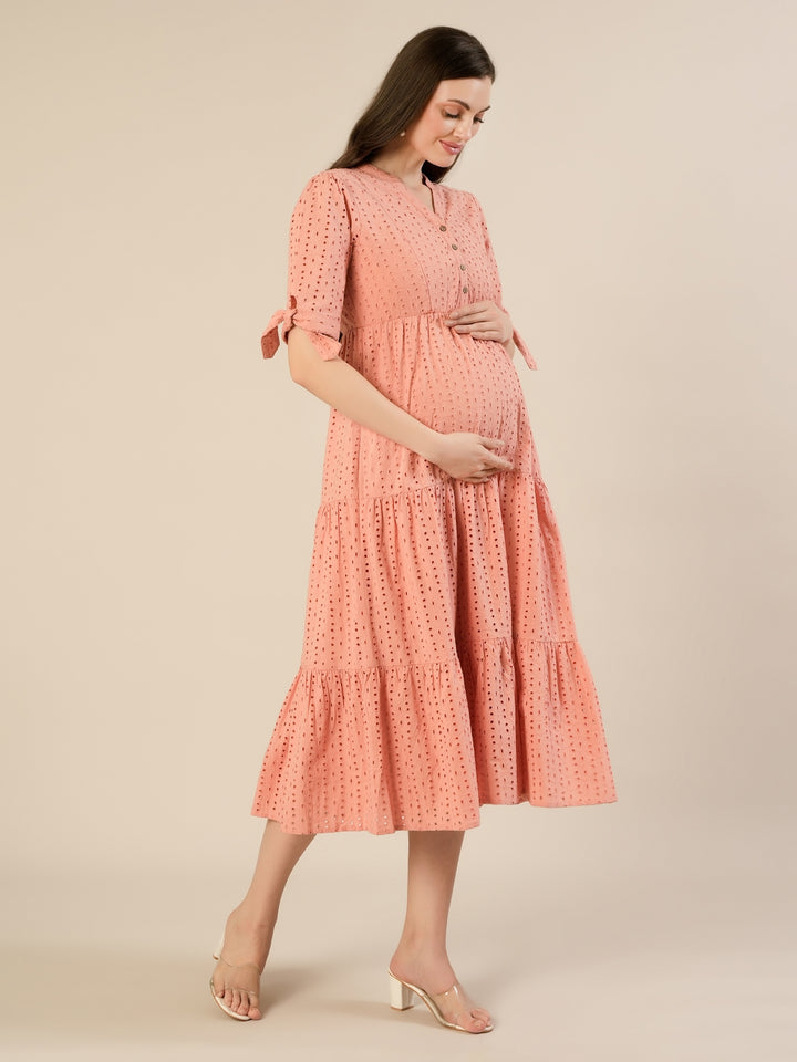 Maternity & Nursing Peach Eyelet Cotton Midi Dress