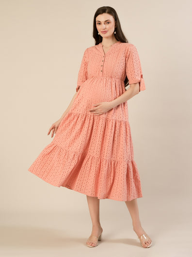 Maternity & Nursing Peach Eyelet Cotton Midi Dress
