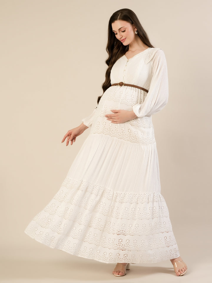 Maternity & Nursing White Schiffli Cotton Maxi Dress