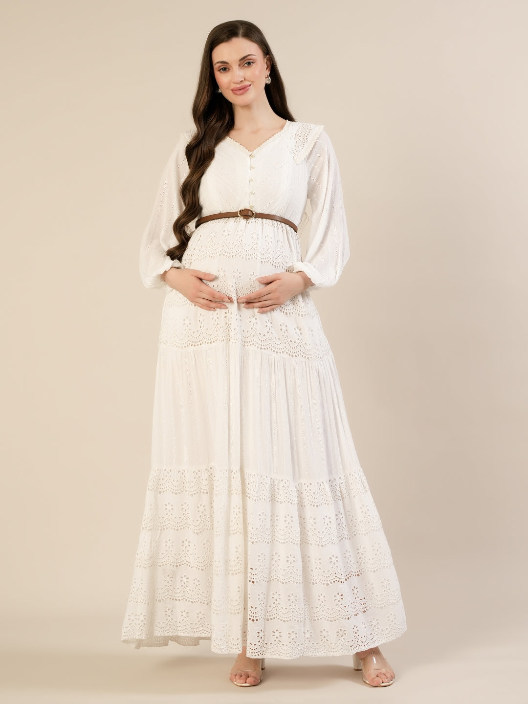 White Maternity & Nursing Schiffli Maxi Dress