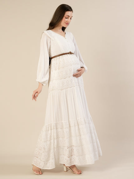 Maternity & Nursing White Schiffli Cotton Maxi Dress