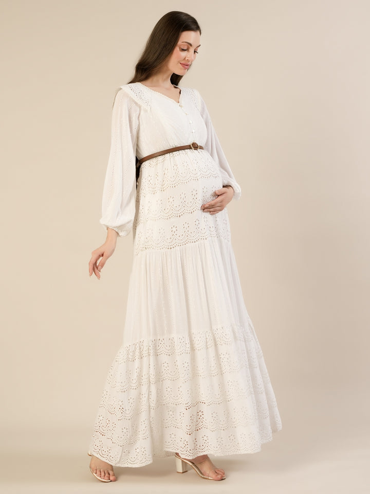 Maternity & Nursing White Schiffli Cotton Maxi Dress