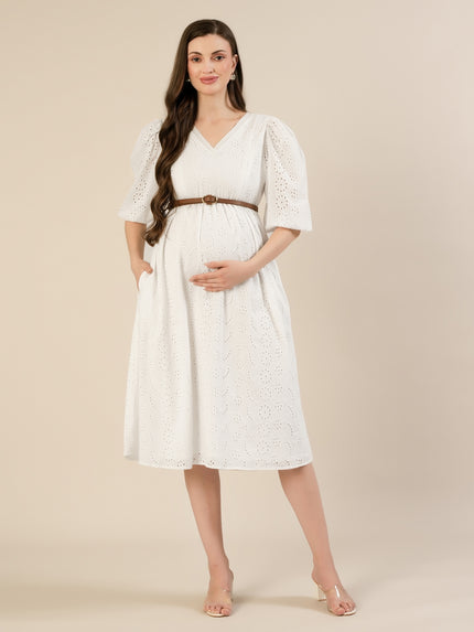 Maternity & Nursing White Cotton Schiffli Midi Dress