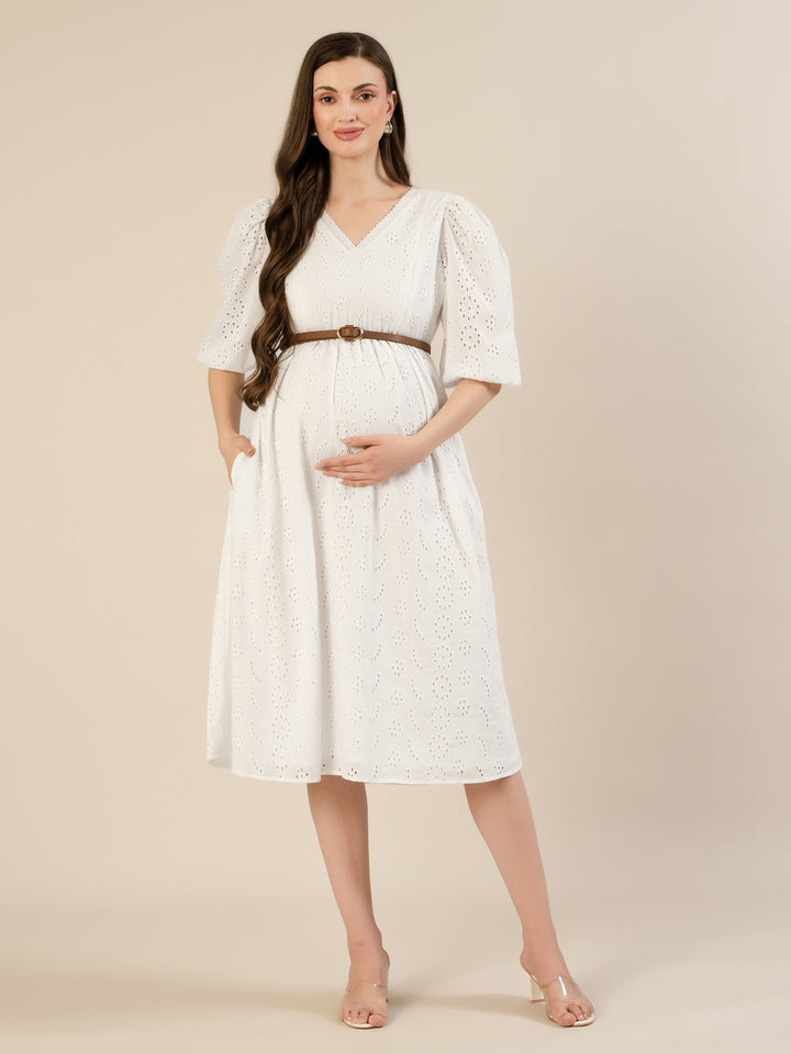 Maternity & Nursing White Cotton Schiffli Midi Dress