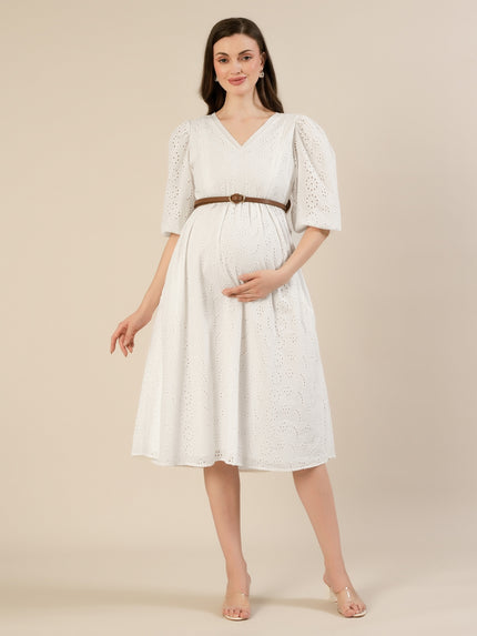Maternity & Nursing White Cotton Schiffli Midi Dress