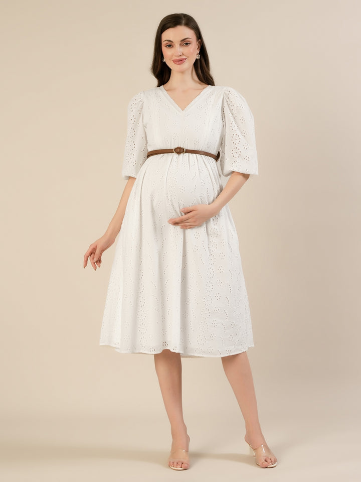 Maternity & Nursing White Cotton Schiffli Midi Dress
