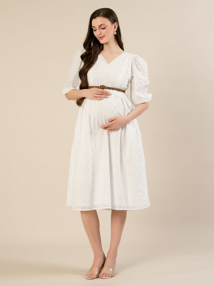Maternity & Nursing White Cotton Schiffli Midi Dress