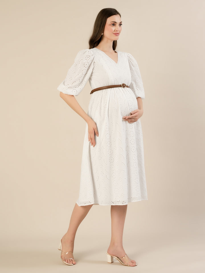 Maternity & Nursing White Cotton Schiffli Midi Dress