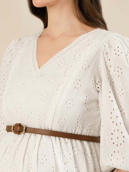 Maternity & Nursing White Cotton Schiffli Midi Dress