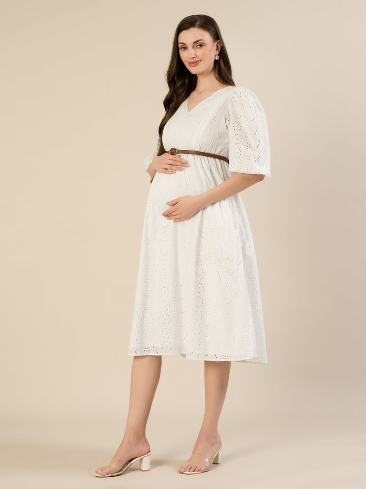 Maternity & Nursing White Cotton Schiffli Midi Dress
