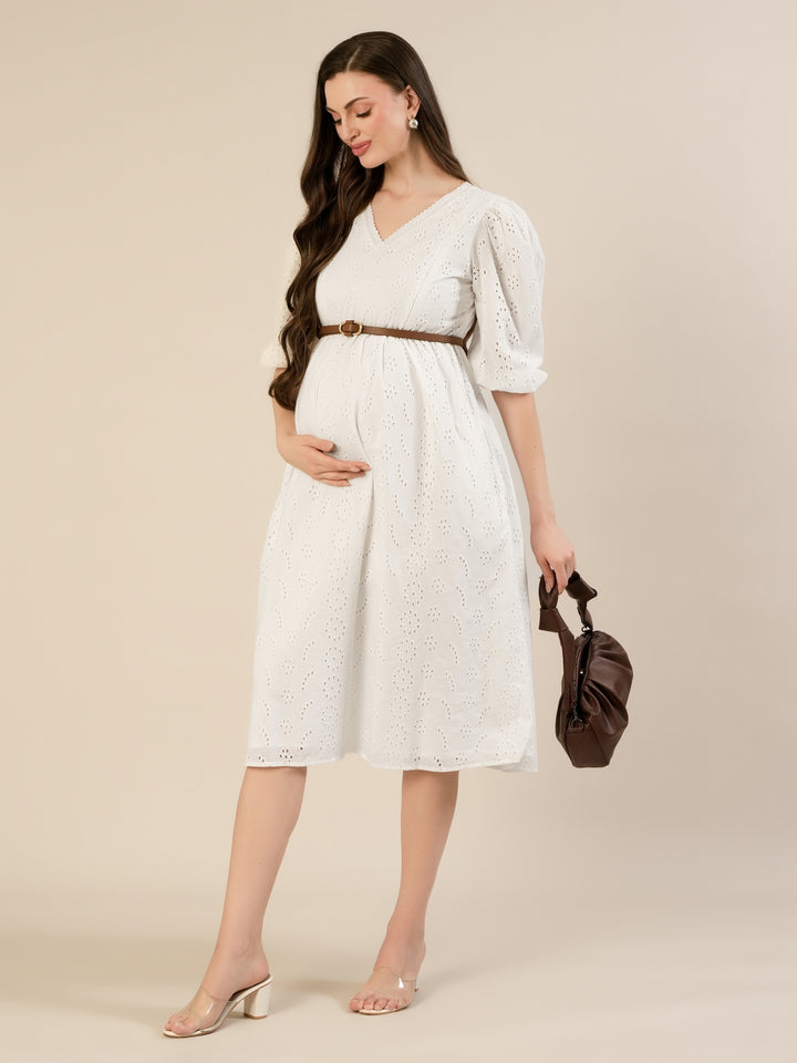 Maternity & Nursing White Cotton Schiffli Midi Dress