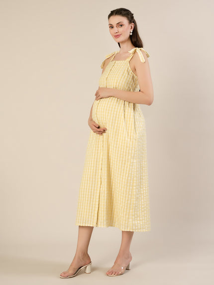 Maternity & Nursing Yellow Cotton Gingham Tie-Strap Midi Dress