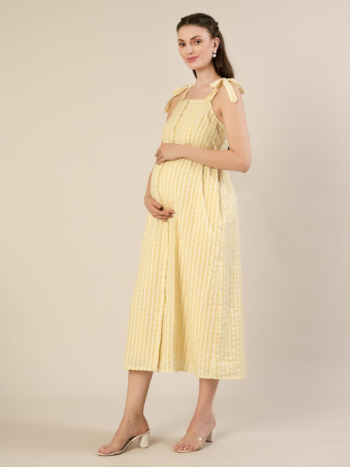 Maternity & Nursing Yellow Cotton Gingham Tie-Strap Midi Dress