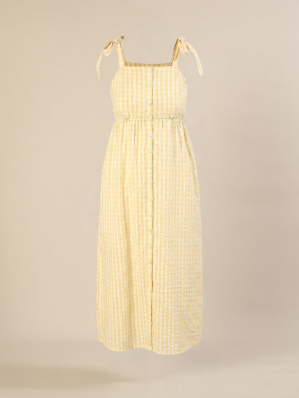 Maternity & Nursing Yellow Cotton Gingham Tie-Strap Midi Dress