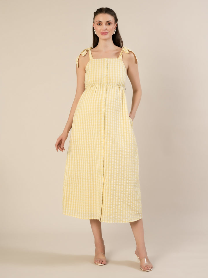 Maternity & Nursing Yellow Cotton Gingham Tie-Strap Midi Dress