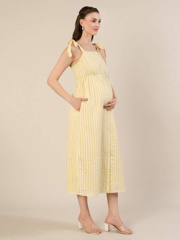 Maternity & Nursing Yellow Cotton Gingham Tie-Strap Midi Dress
