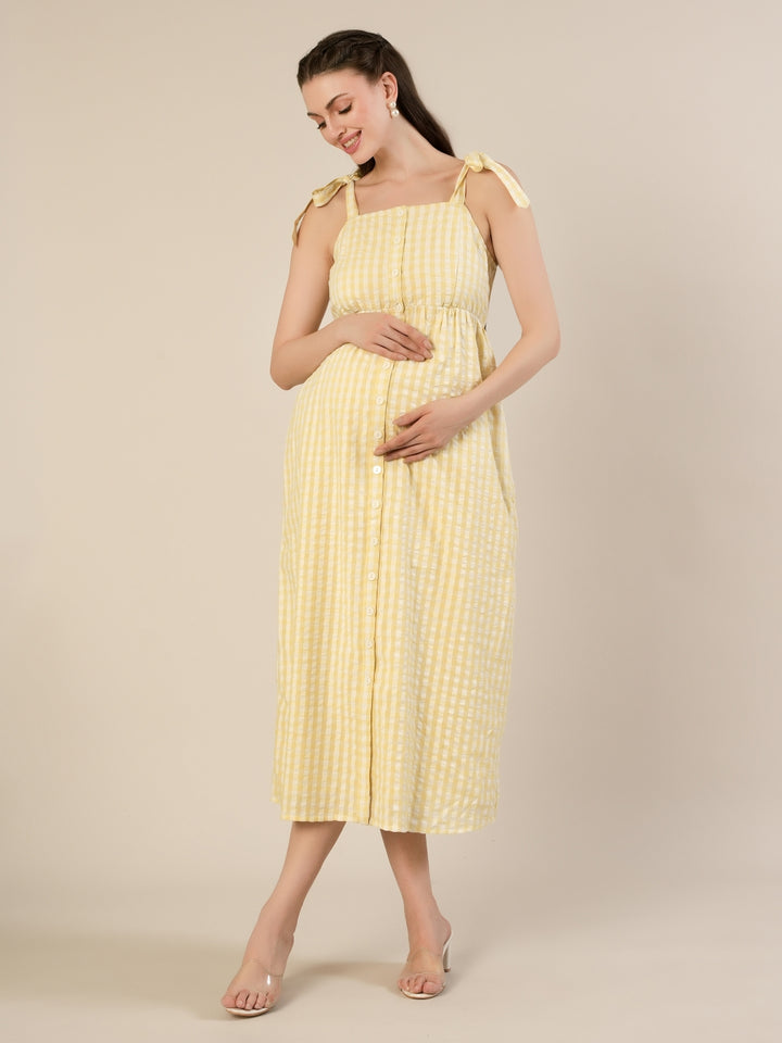 Maternity & Nursing Yellow Cotton Gingham Tie-Strap Midi Dress