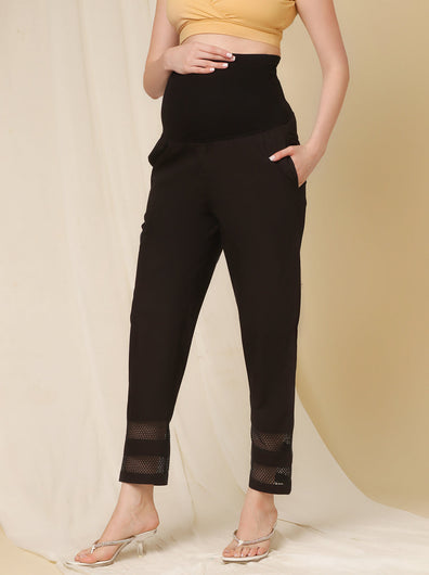 Lace Trim Cotton Pregnancy Pants- Black