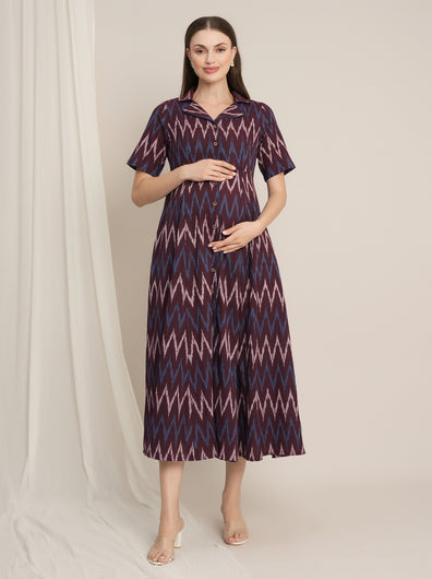 Maroon Maternity Cotton Button-Down Midi Dress