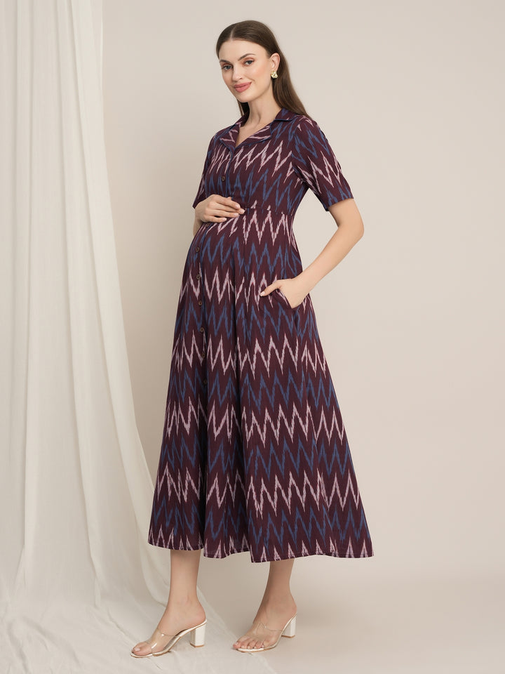 Maroon Maternity Cotton Button-Down Midi Dress