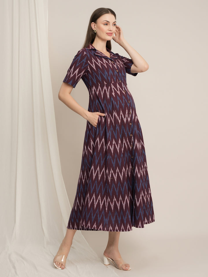 Maroon Maternity Cotton Button-Down Midi Dress