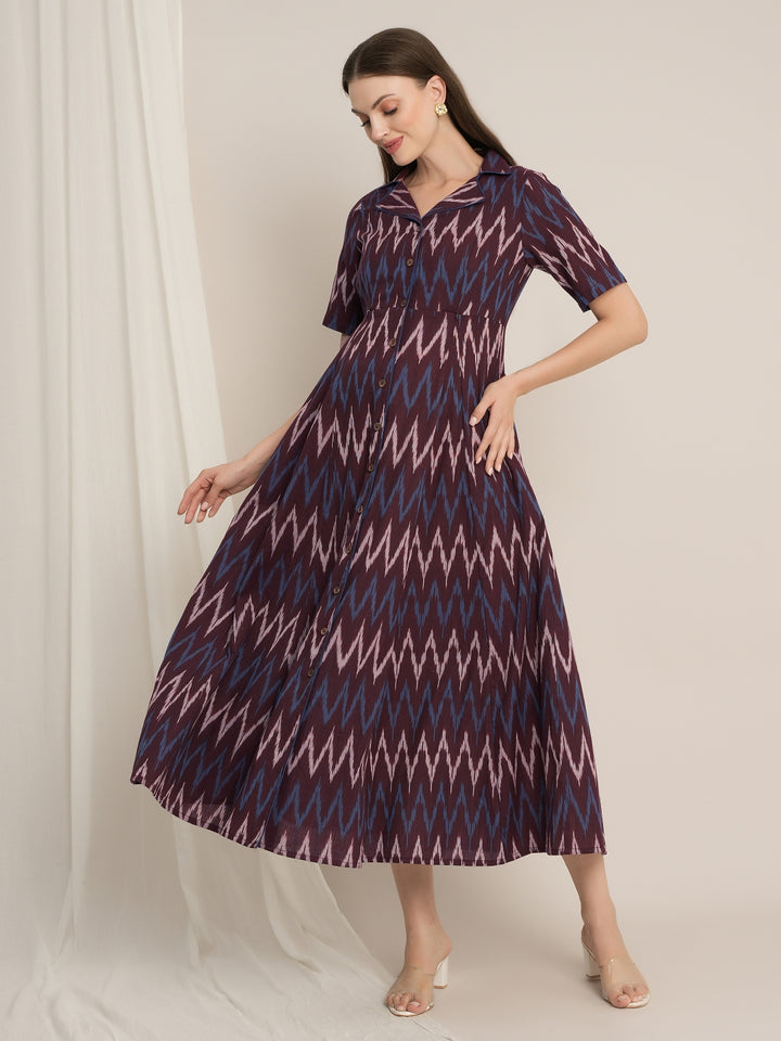 Maroon Maternity Cotton Button-Down Midi Dress