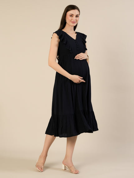Maternity & Nursing Navy Blue Cotton Sleeveless Midi Dress