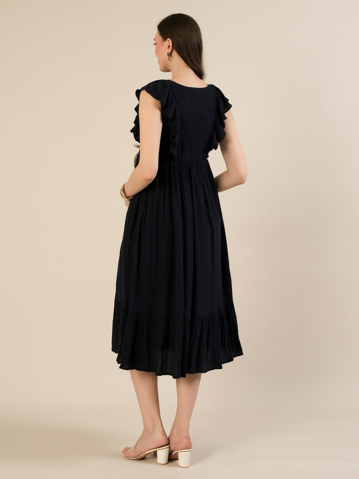 Maternity & Nursing Navy Blue Cotton Sleeveless Midi Dress