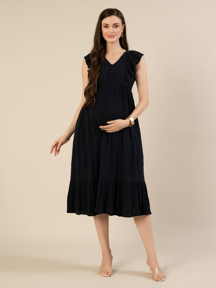 Maternity & Nursing Navy Blue Cotton Sleeveless Midi Dress