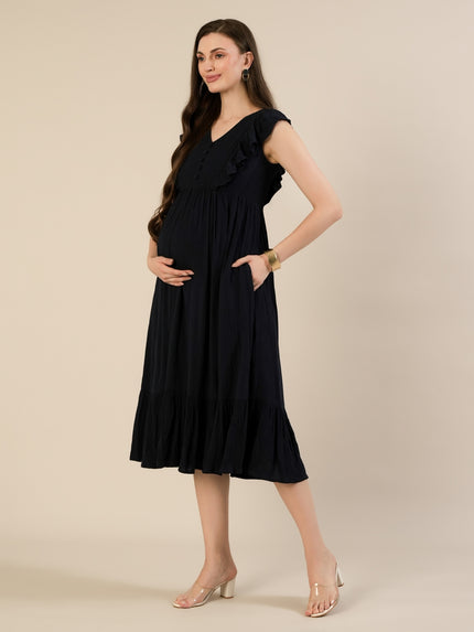 Maternity & Nursing Navy Blue Cotton Sleeveless Midi Dress