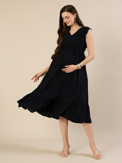 Maternity & Nursing Navy Blue Cotton Sleeveless Midi Dress