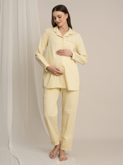 Yellow Polka Dot Maternity Cotton Nightsuit PJ Set