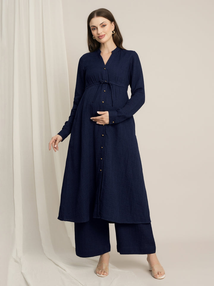 Maternity Denim Gauze Wide-Leg Palazzo Pants - Navy Blue