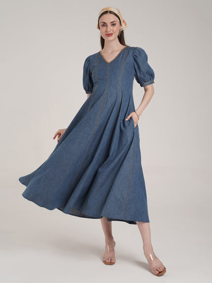 Steel Blue Maternity Denim Long Dress with Pockets