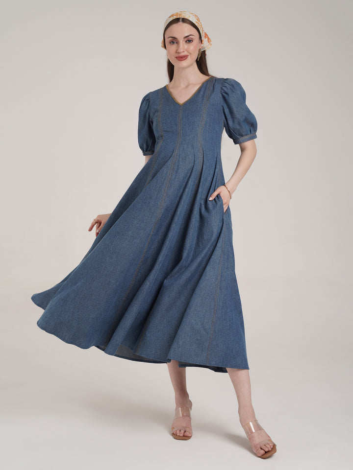 Steel Blue Maternity Denim Long Dress with Pockets