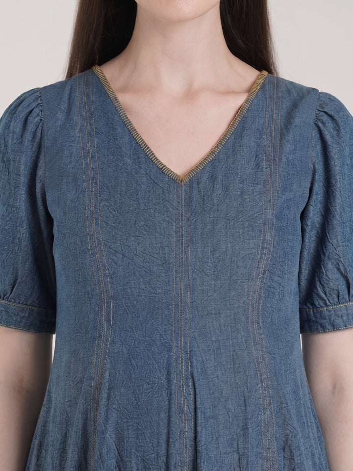 Steel Blue Maternity Denim Long Dress with Pockets