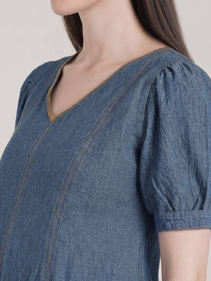 Steel Blue Maternity Denim Long Dress with Pockets