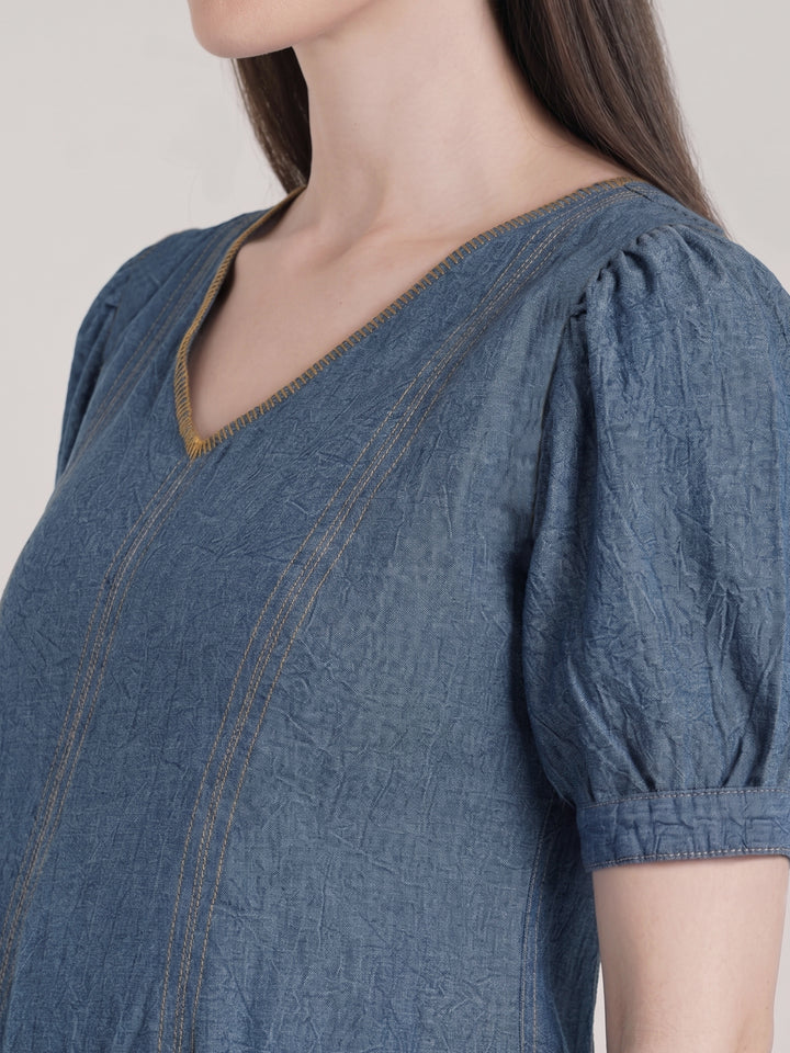 Steel Blue Maternity Denim Long Dress with Pockets