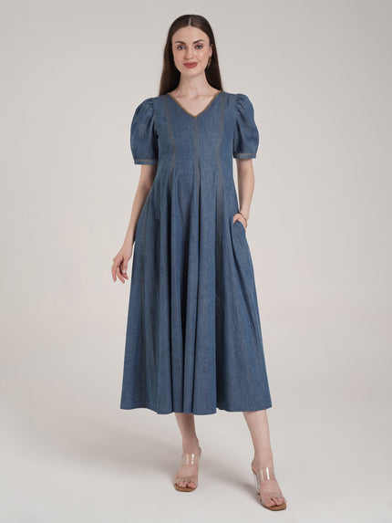 Steel Blue Maternity Denim Long Dress with Pockets
