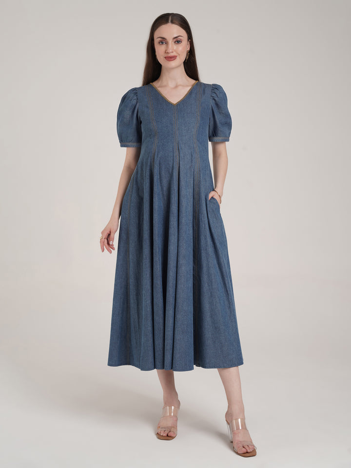 Steel Blue Maternity Denim Long Dress with Pockets