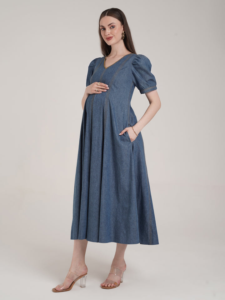 Steel Blue Maternity Denim Long Dress with Pockets