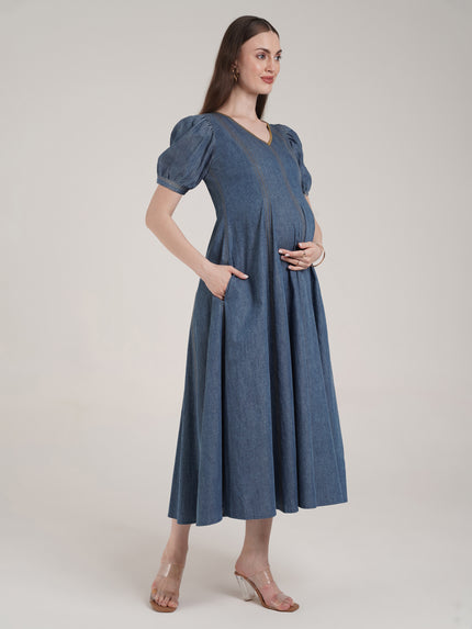 Steel Blue Maternity Denim Long Dress with Pockets
