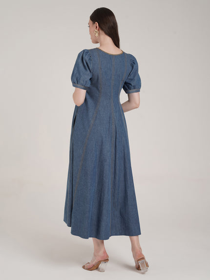 Steel Blue Maternity Denim Long Dress with Pockets