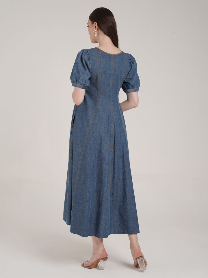 Steel Blue Maternity Denim Long Dress with Pockets