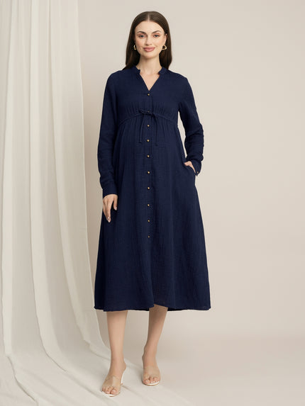 Maternity Denim Gauze Button-Down Midi Dress
