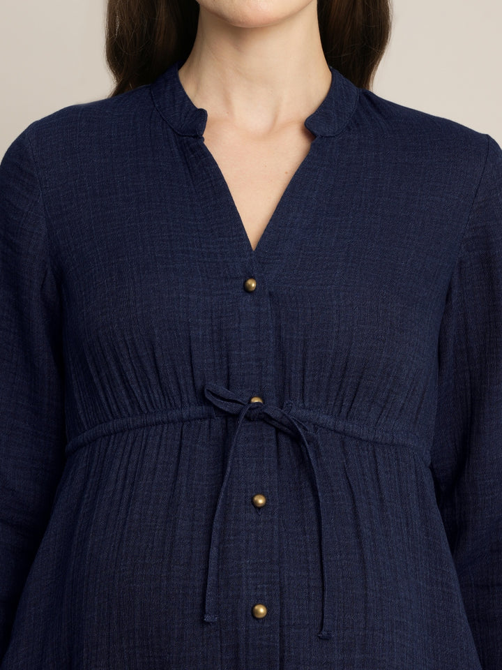 Maternity Denim Gauze Button-Down Midi Dress