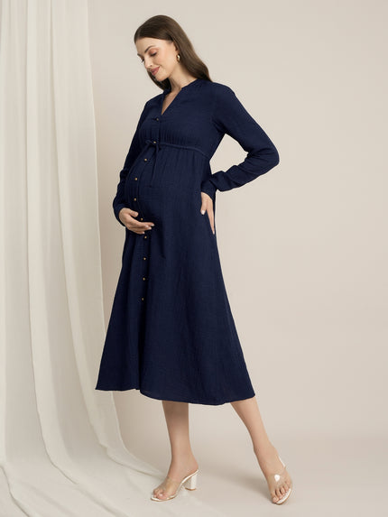 Maternity Denim Gauze Button-Down Midi Dress